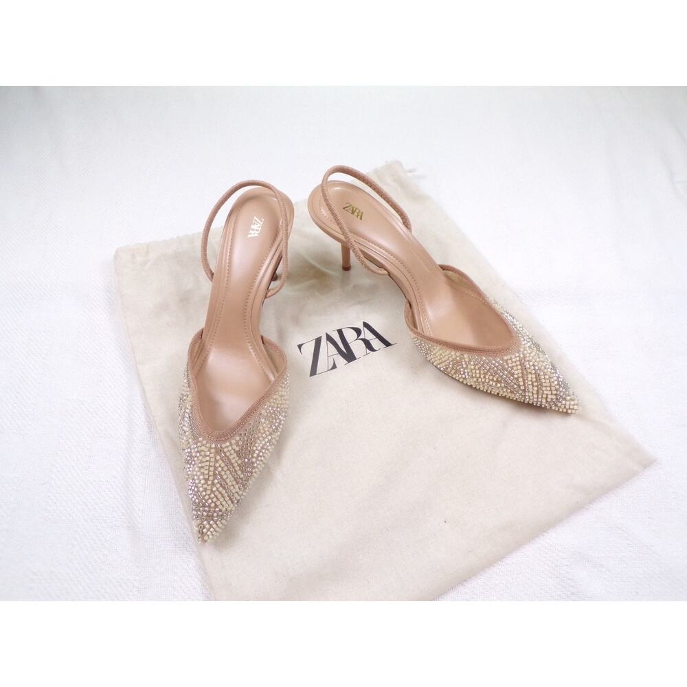 ZARA Beaded Mesh Slingback Kitten Heels Nude Beige Pointed Wedding Event Size 37 - Picture 3 of 6